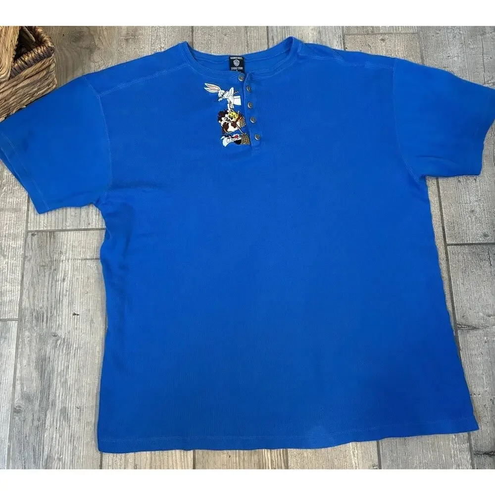 Vtg 90s Looney Tunes Embroidered Henley Shirt XL Blue Bugs Bunny Taz Warner Bros